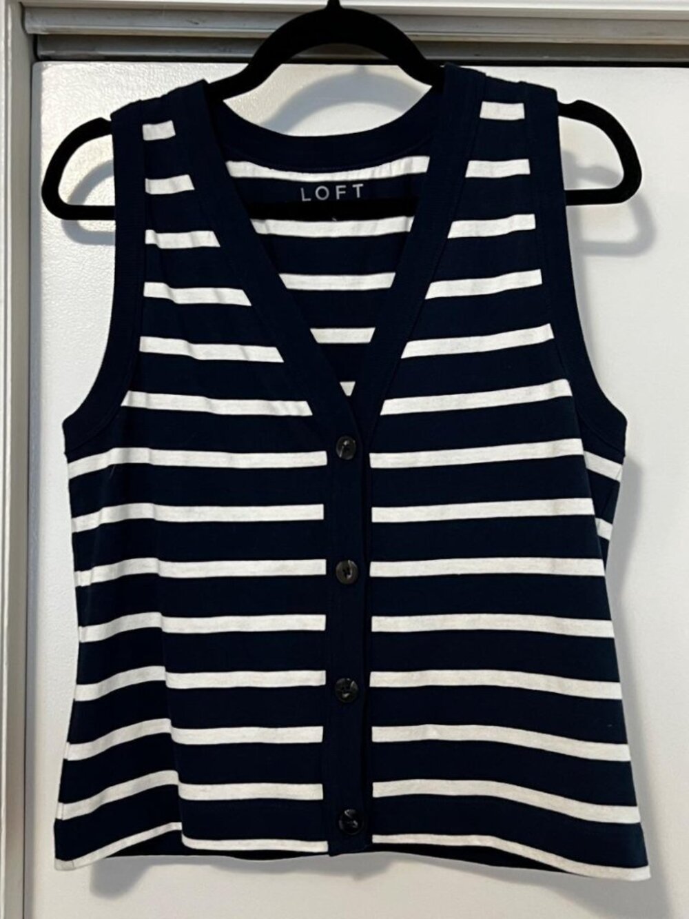 LOFT Navy & White Striped Sleeveless Button-Front Sweater Vest – Small